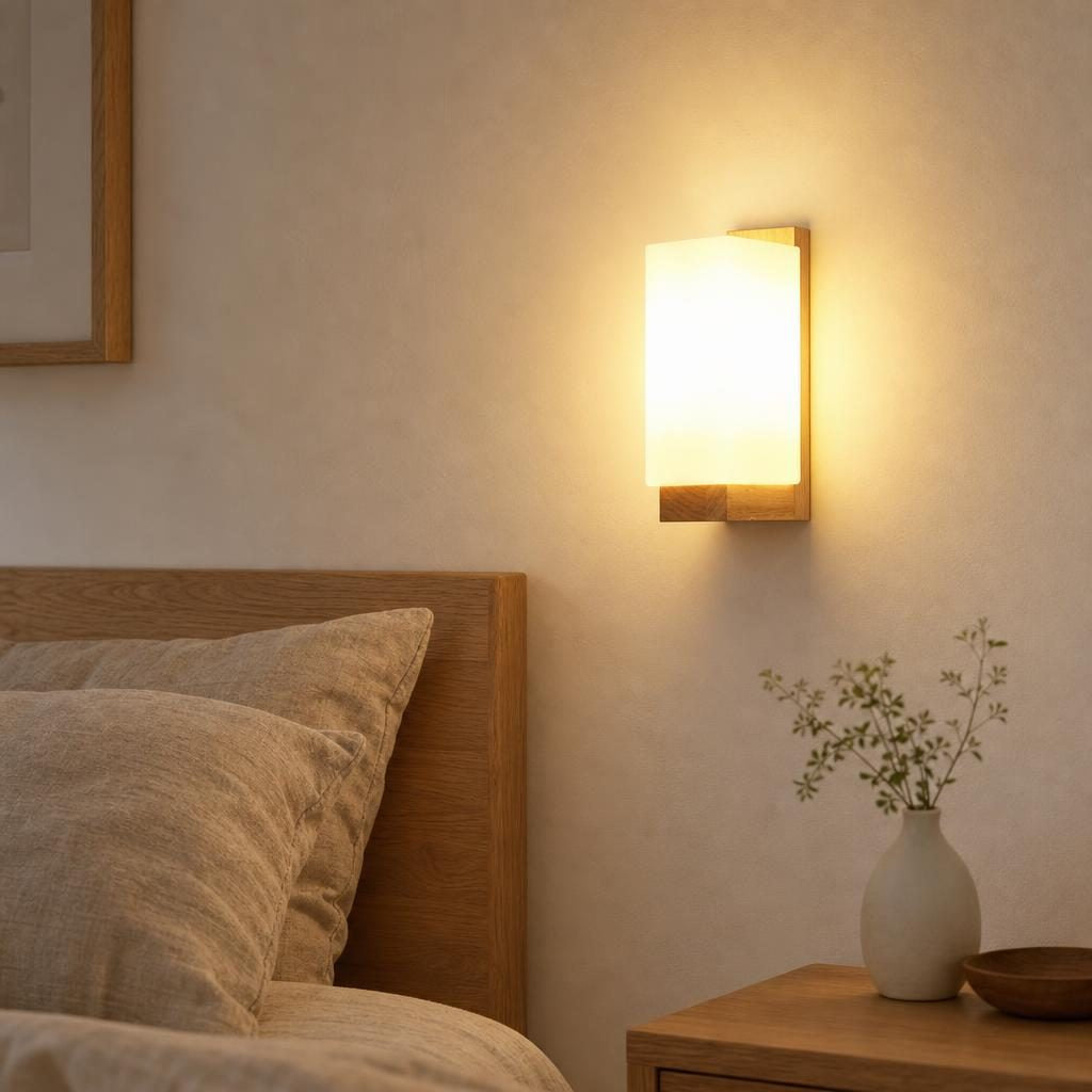 Applique Andon allumée à côté d'un lit dans une chambre Japandi