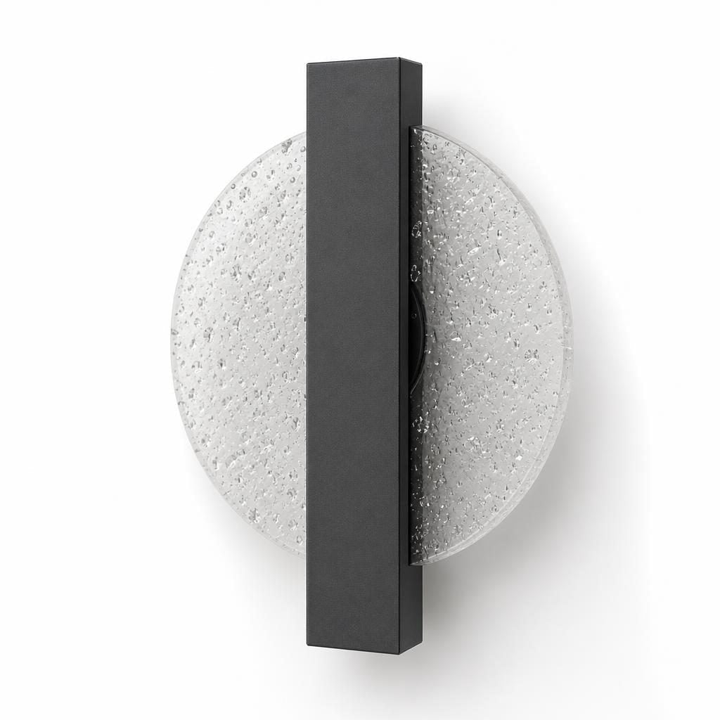Applique murale LED Awa, disque en acrylique à effet bulles et barre noire, sur fond blanc