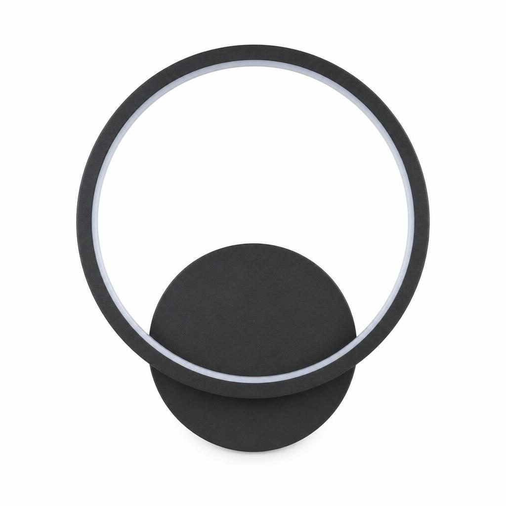 Applique murale LED Ensō, anneau en métal noir et disque, sur fond blanc