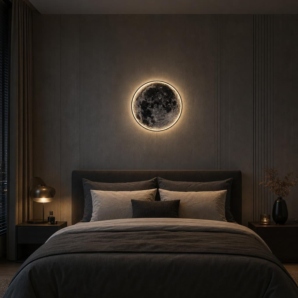 Applique lune Getsu au-dessus d'une tête de lit dans une chambre