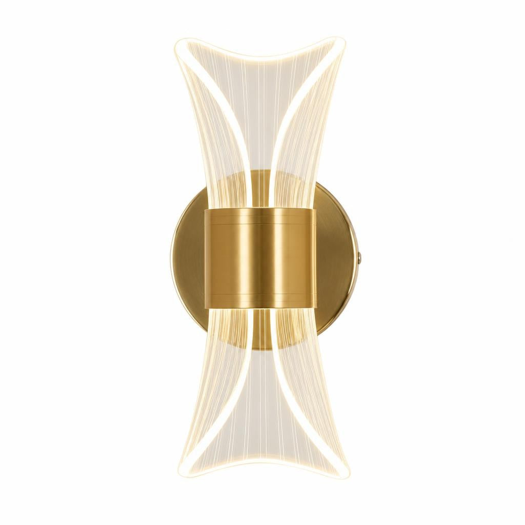 Applique murale LED Hane, cylindre doré et lames d'acrylique transparent, sur fond blanc