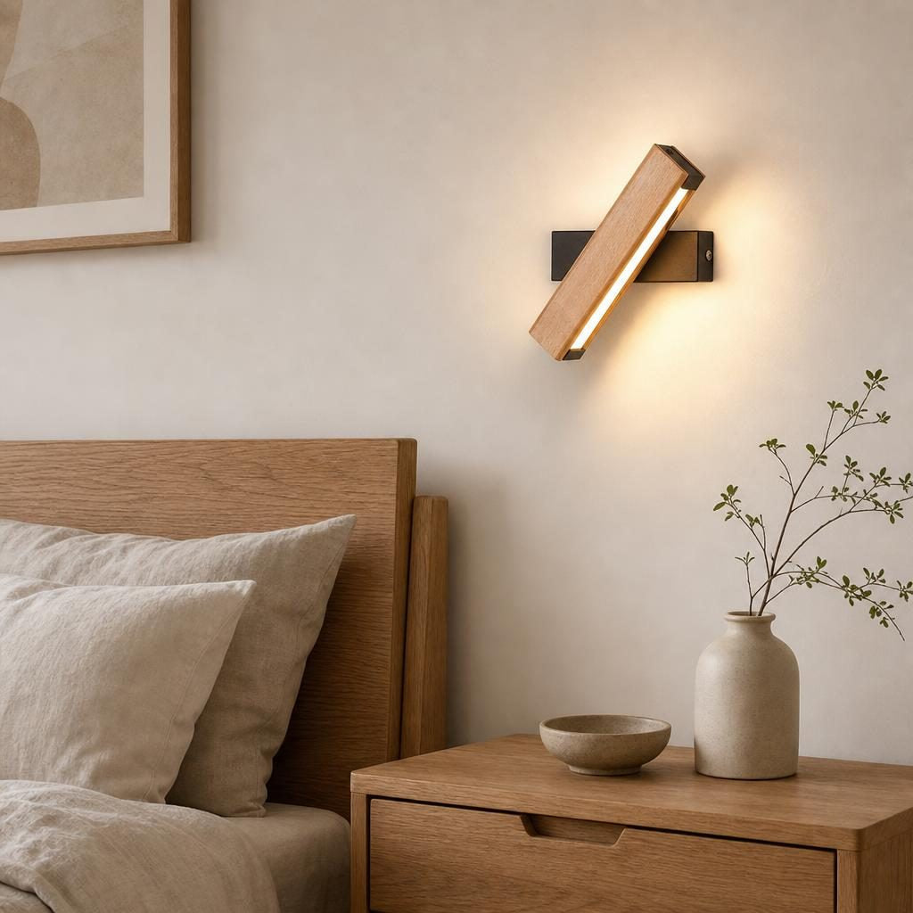 Applique Kaiten allumée au-dessus d'une table de chevet en bois dans une chambre