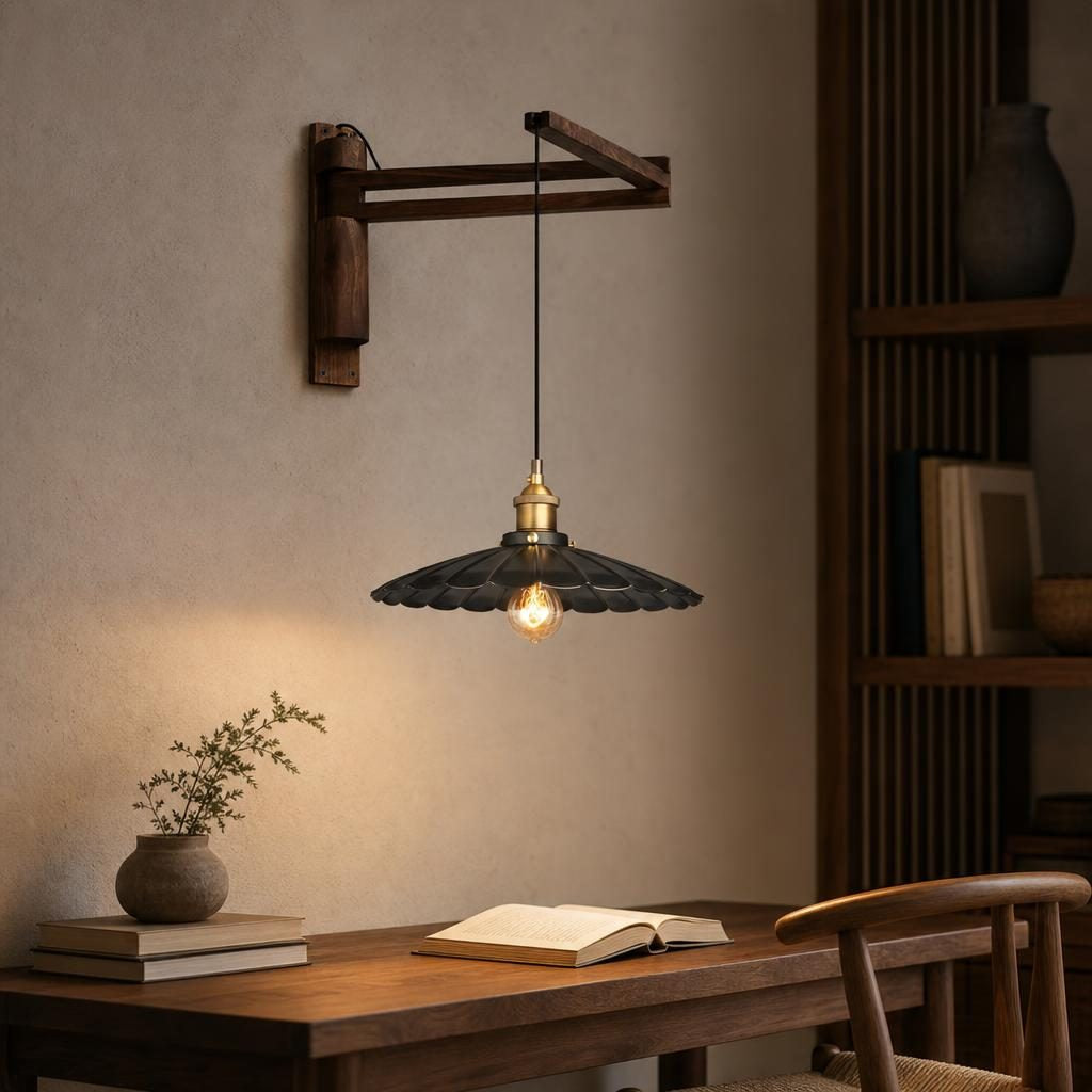 Applique Kakeru allumée au-dessus d'un bureau en bois