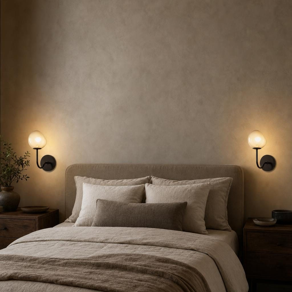 Deux appliques Koishi allumées de chaque côté d'un lit