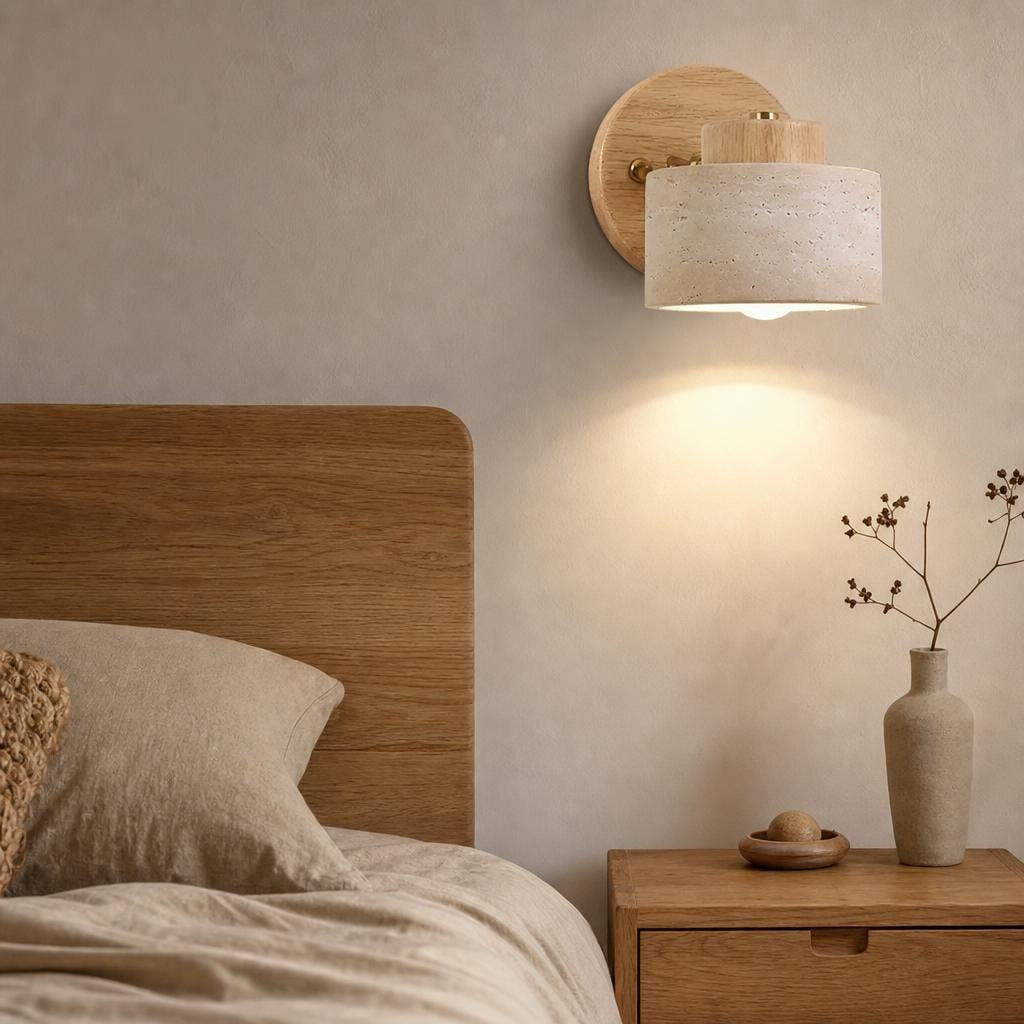 Applique Kokage allumée au-dessus d'une table de chevet près d'un lit en bois
