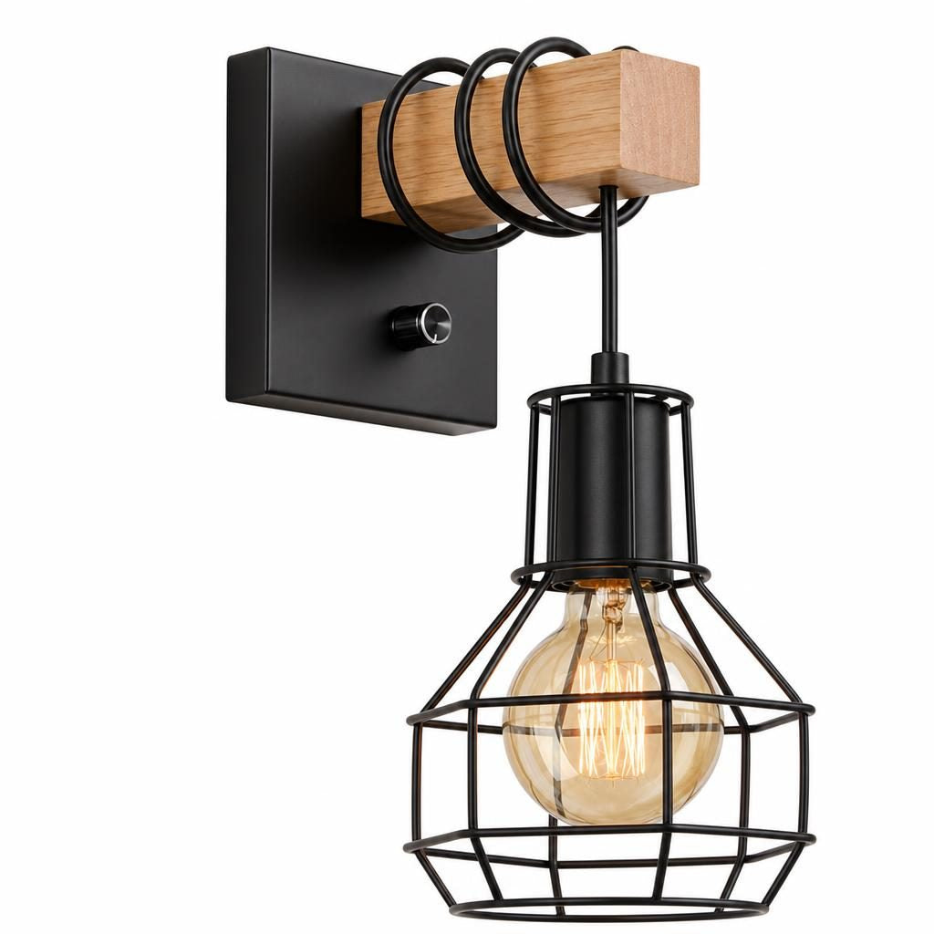 Applique murale Maki, bras en bois naturel et cage en métal noir, sur fond blanc