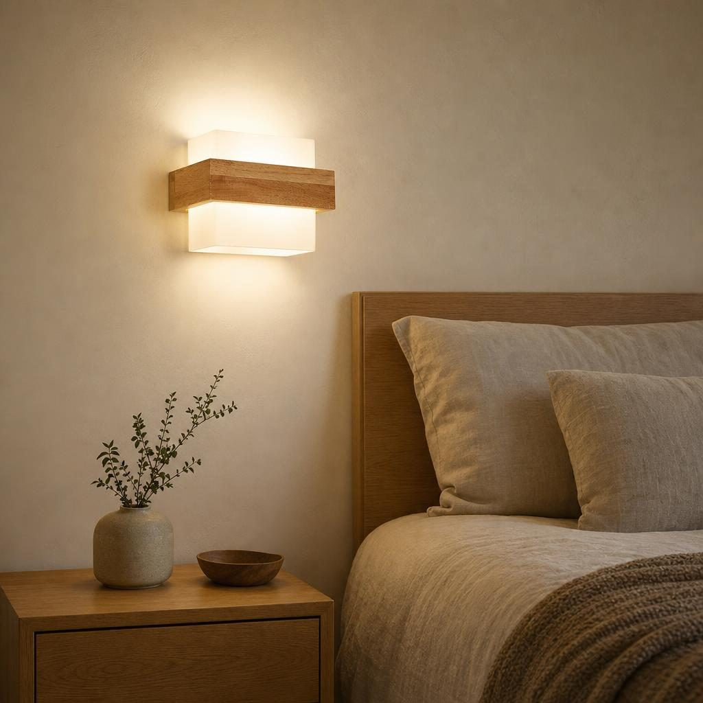 Applique Obi allumée au-dessus d'une table de chevet dans une chambre Japandi