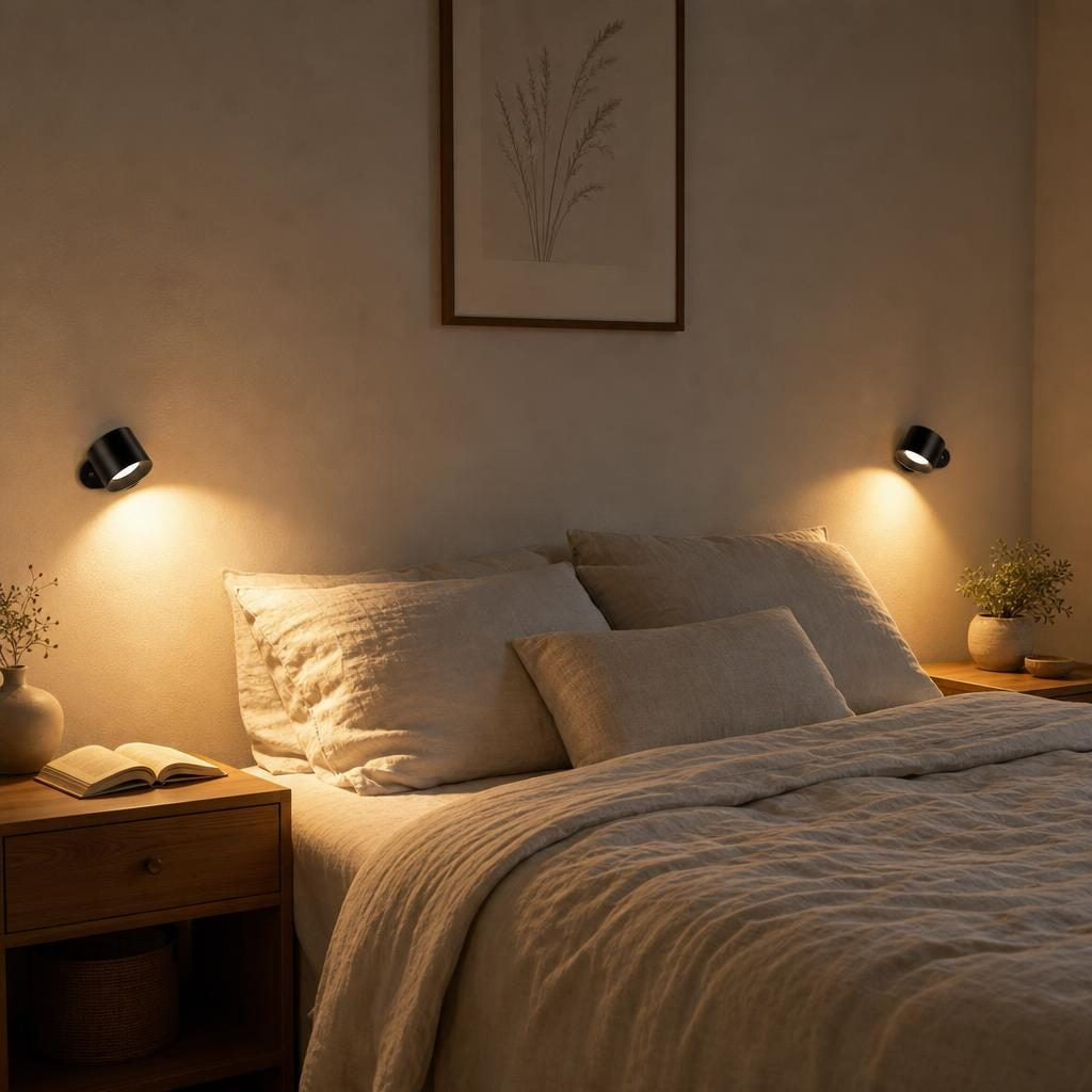 Deux appliques Orbe noires allumées de chaque côté d'un lit en lin