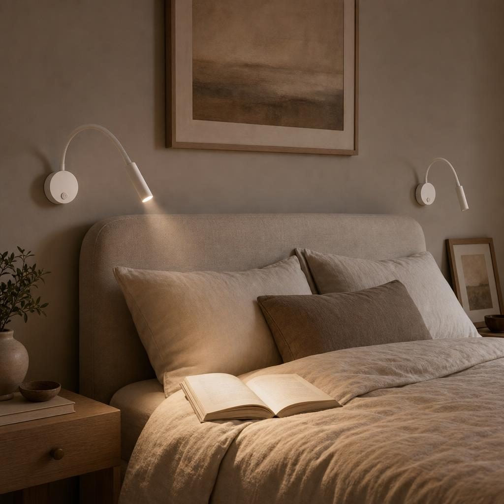Deux appliques liseuses Plume blanches de part et d'autre d'une tête de lit, l'une allumée sur un livre