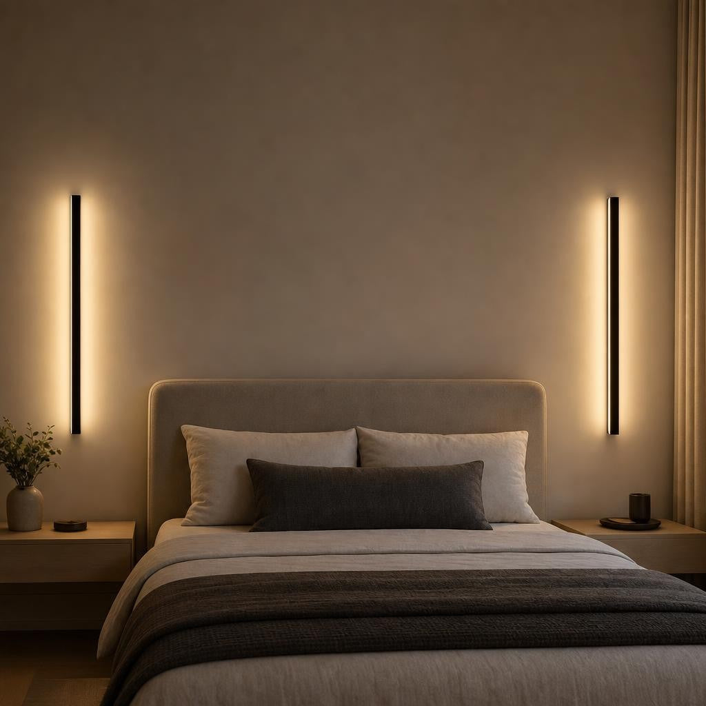 Deux appliques Sen allumées de part et d'autre d'un lit