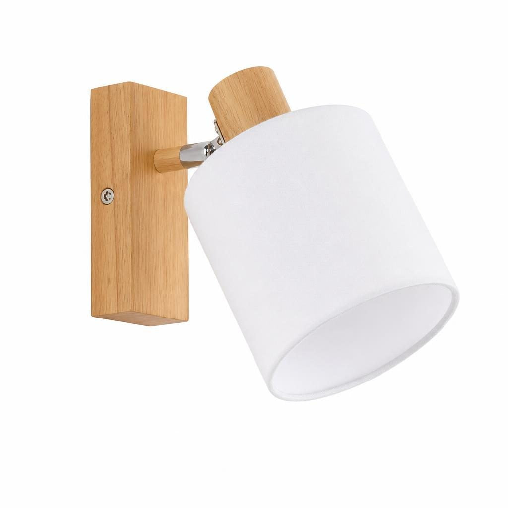 Applique orientable Shōji, platine en bois clair et abat-jour en tissu blanc, sur fond blanc