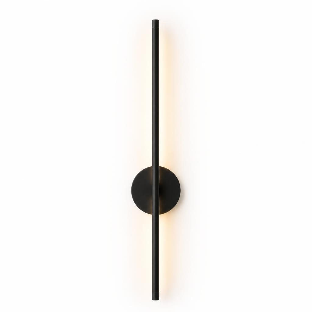 Applique murale sans fil Trait, tige LED noire allumée sur socle rond, sur fond blanc