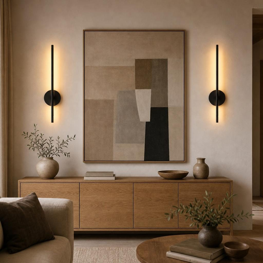 Deux appliques Trait noires allumées de part et d'autre d'un tableau au-dessus d'un buffet