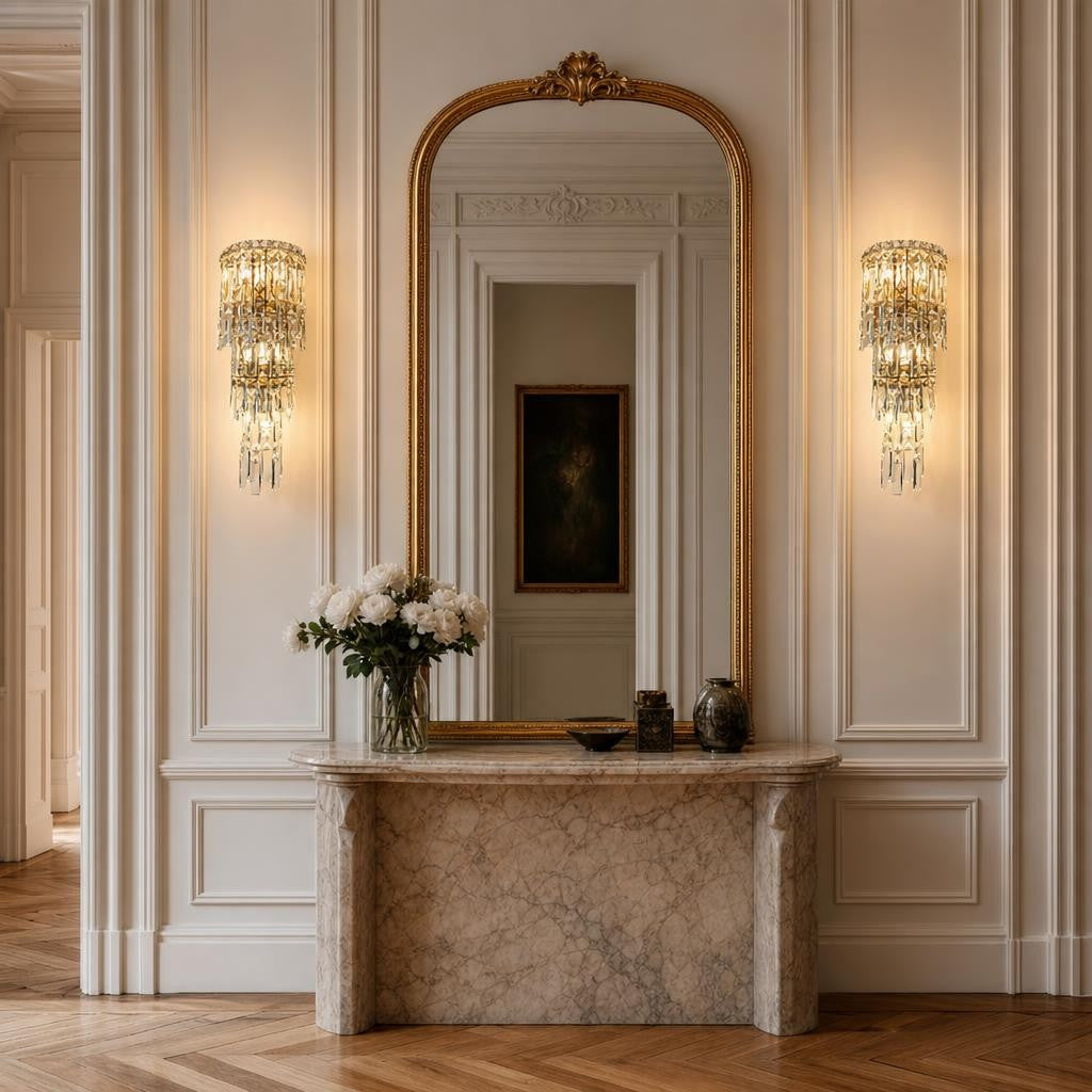 Deux appliques Tsurara allumées de part et d'autre d'un miroir doré dans une entrée