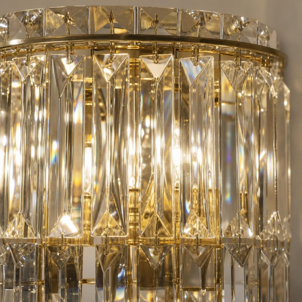 Détail des prismes en cristal de l'applique Tsurara allumée