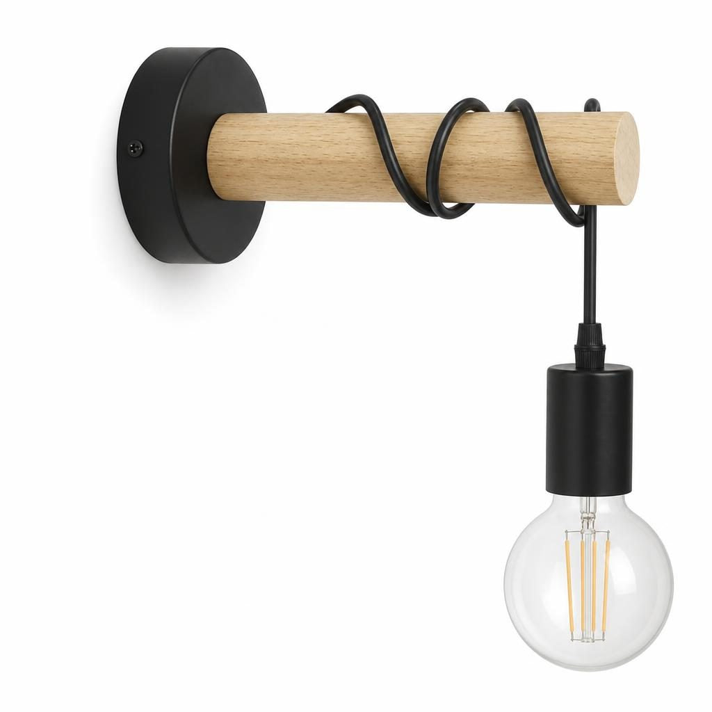 Applique murale Tsurube, bras en bois clair avec câble noir et ampoule suspendue, sur fond blanc