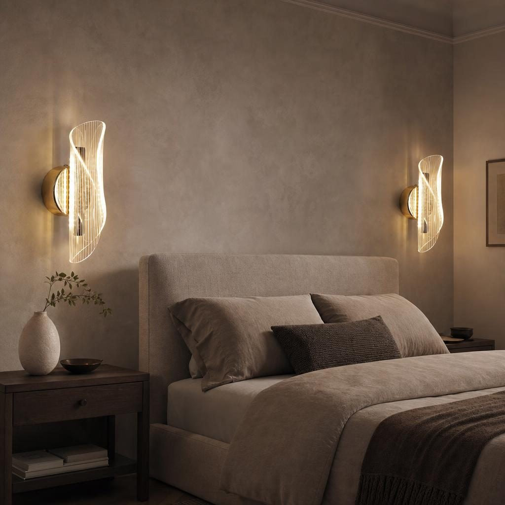 Deux appliques Voile allumées de chaque côté d'un lit dans une chambre aux murs beiges