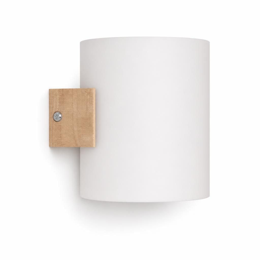 Applique murale Yūgure, demi-cylindre en verre blanc mat et platine en bois, sur fond blanc