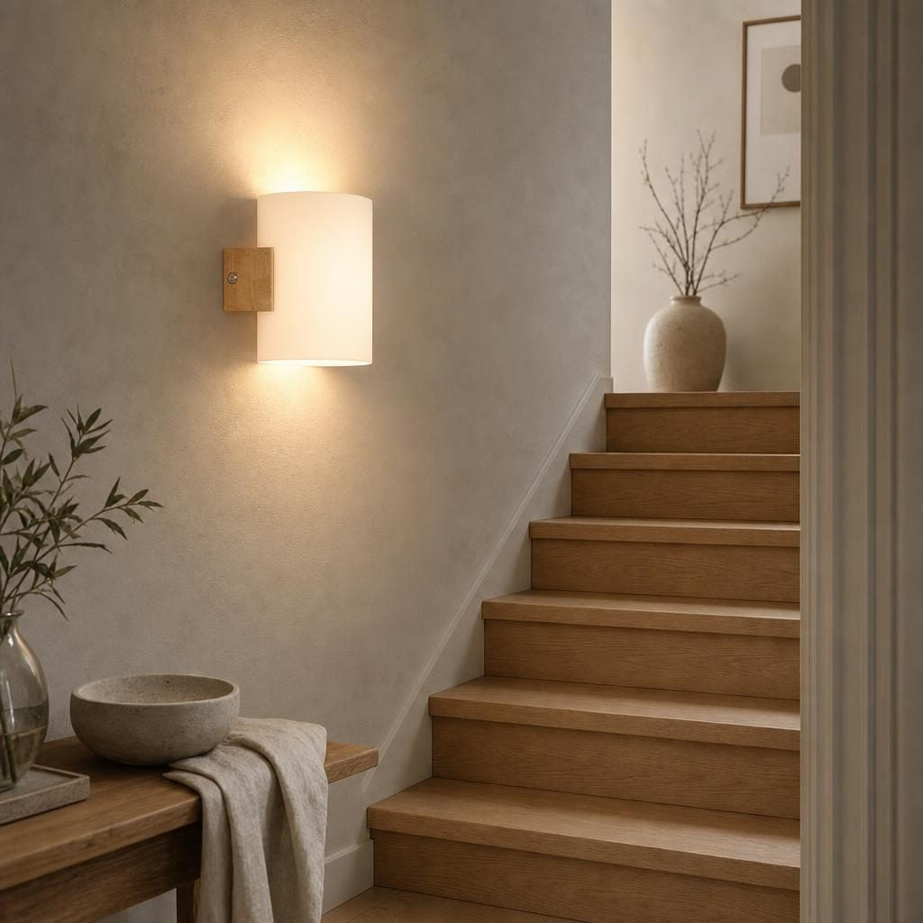 Applique Yūgure allumée le long d'un escalier en chêne clair