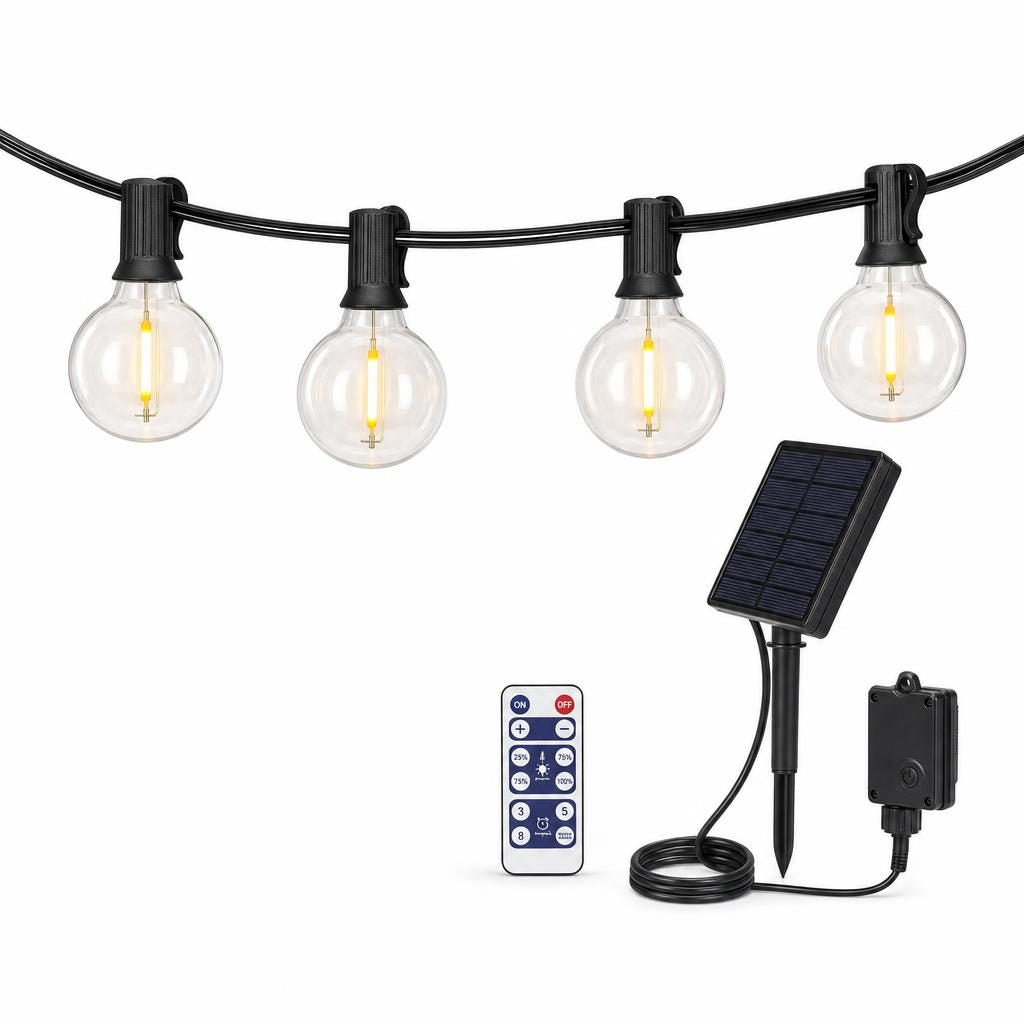 Guirlande solaire Guinguette à ampoules globe G40 avec panneau solaire et télécommande, sur fond blanc