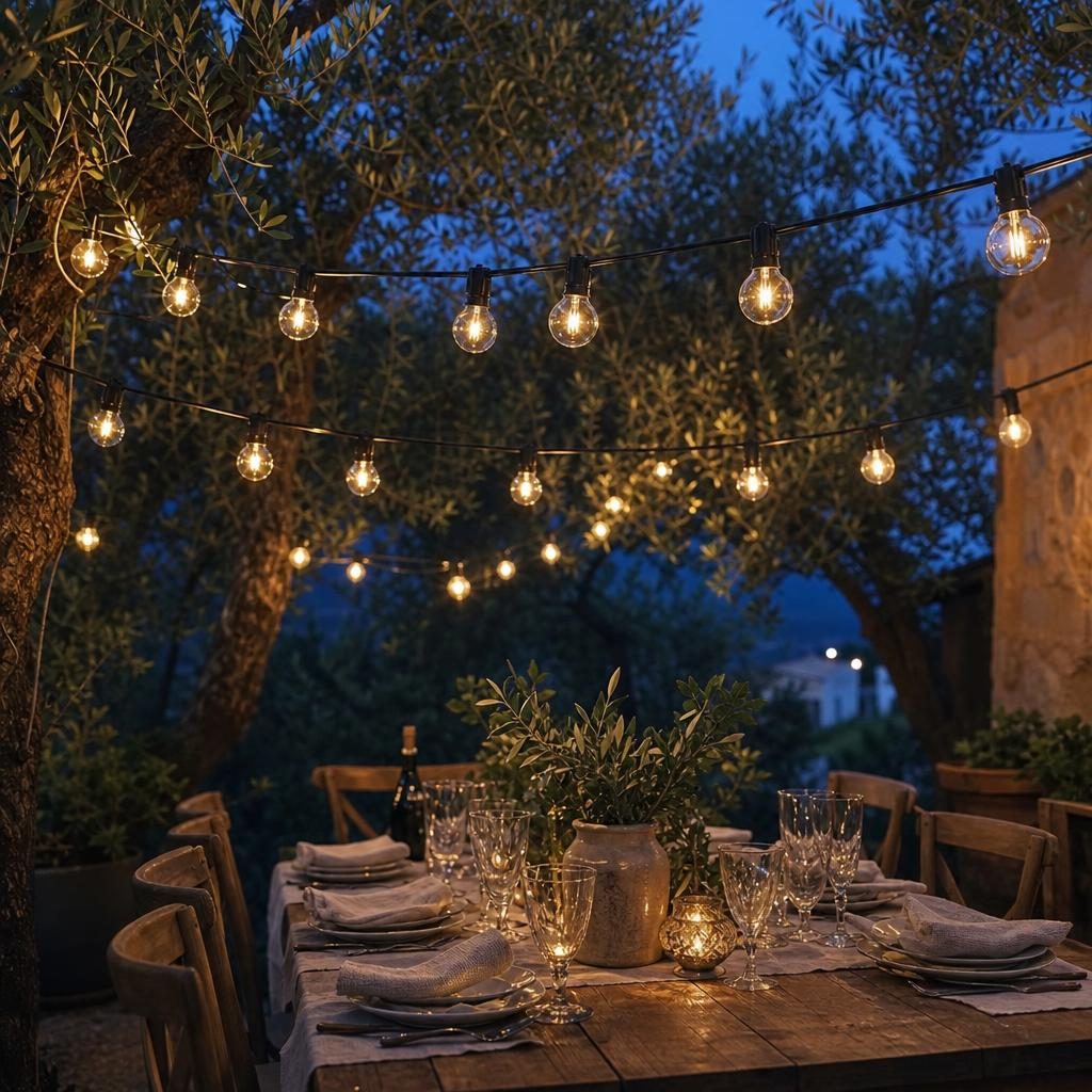 Guirlande Guinguette allumée au-dessus d'une table dressée sur une terrasse à la tombée de la nuit
