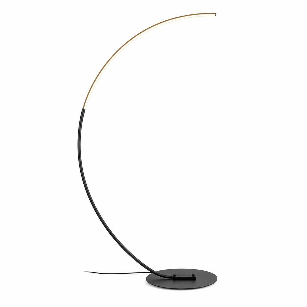 Lampadaire arc LED Arche noir allumé, grand demi-cercle sur socle rond, sur fond blanc