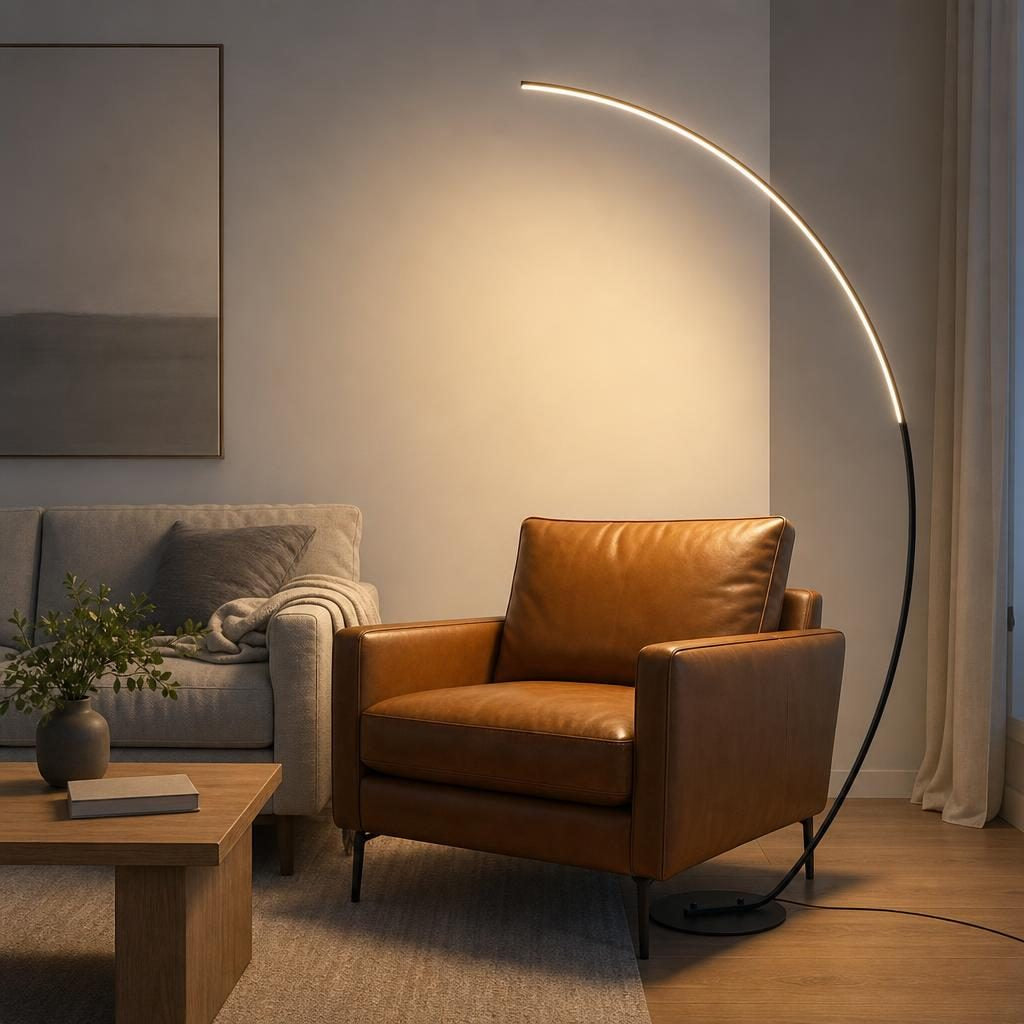 Lampadaire Arche noir allumé au-dessus d'un fauteuil en cuir cognac dans un salon