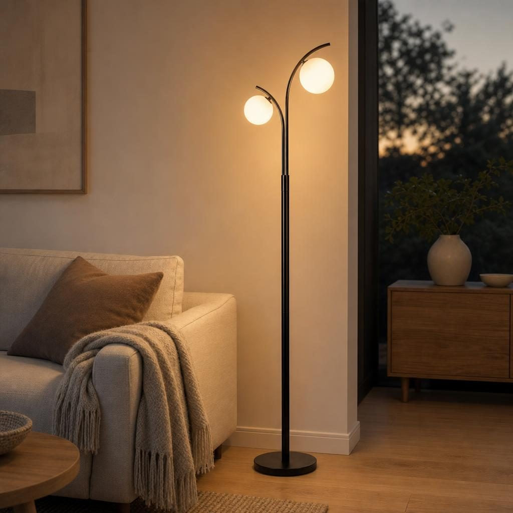 Lampadaire Futaba allumé à côté d'un canapé en lin dans un salon