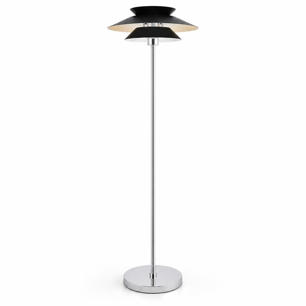 Lampadaire Kasane, abat-jour noir à deux étages sur tige chromée, sur fond blanc