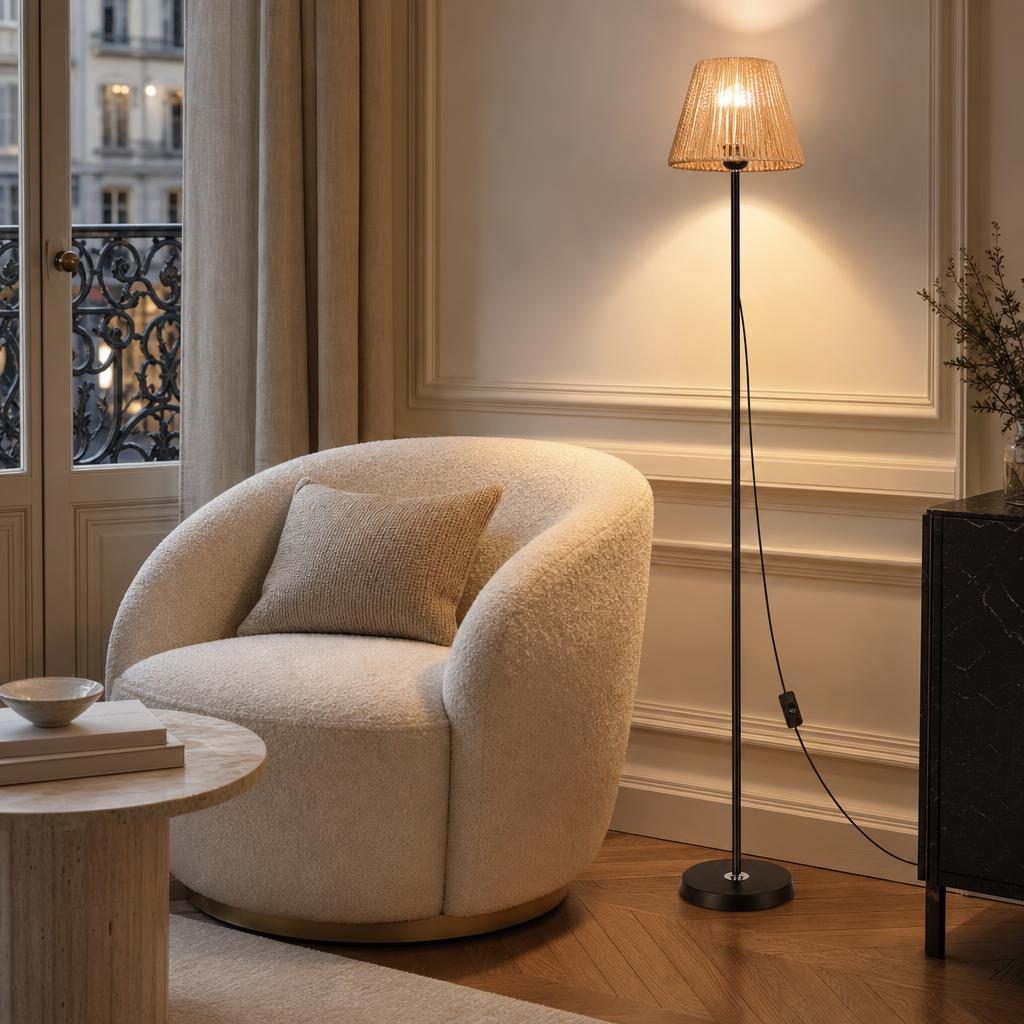 Lampadaire Kaya allumé près d'un fauteuil bouclette dans un salon