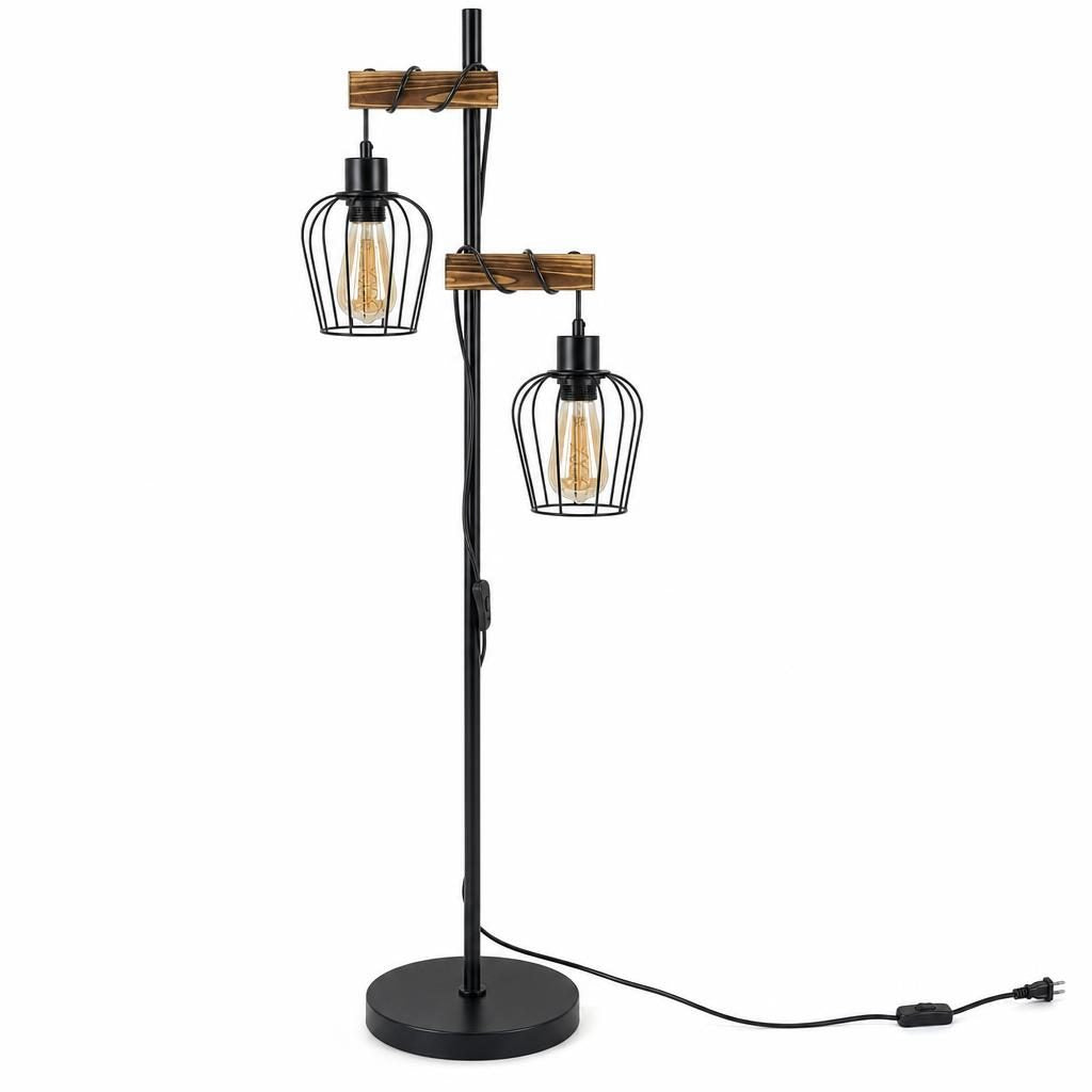 Lampadaire Kigi à deux cages métalliques et bras en bois, pied noir, sur fond blanc
