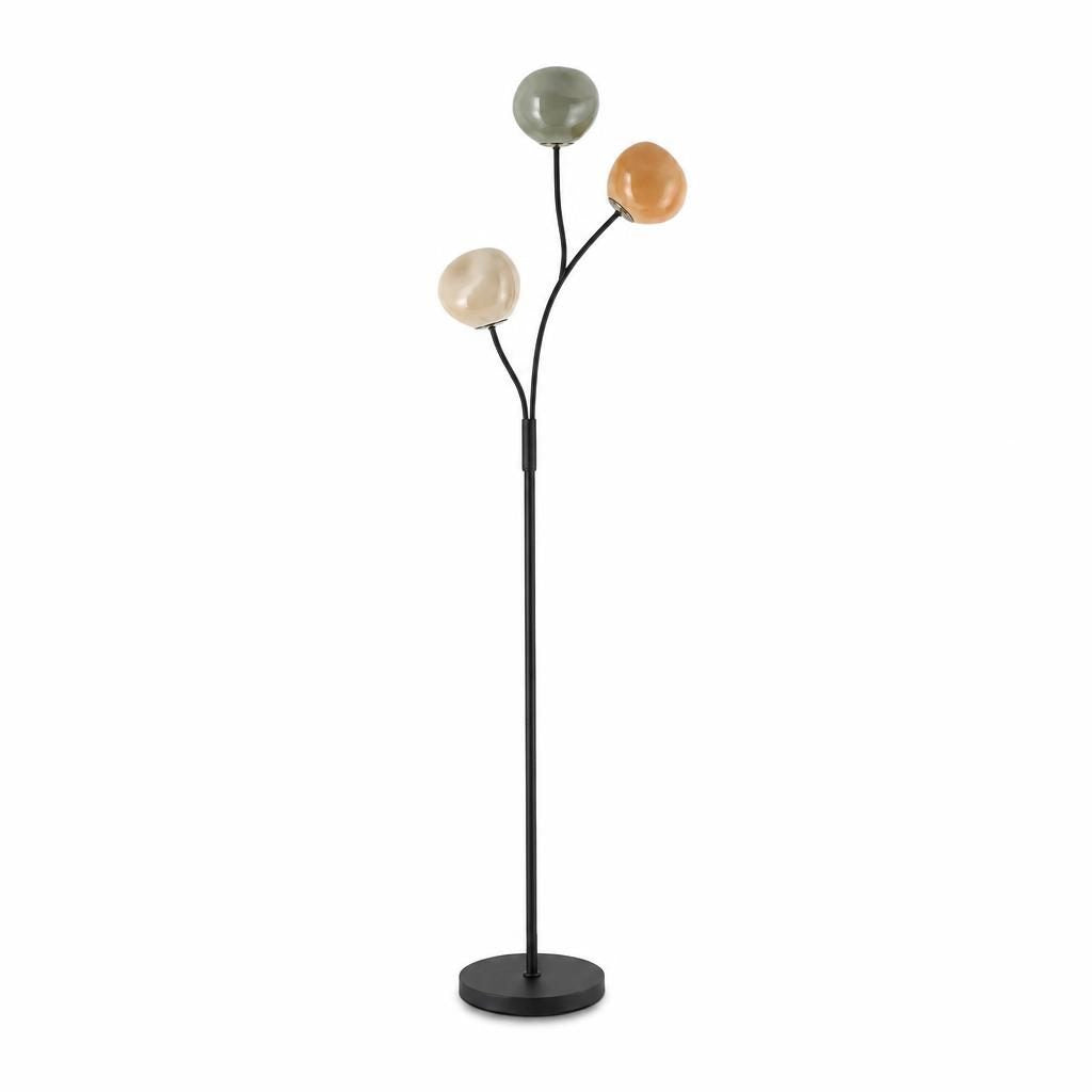 Lampadaire Mitsuba en métal noir avec trois globes en verre vert de gris, ocre et beige, sur fond blanc