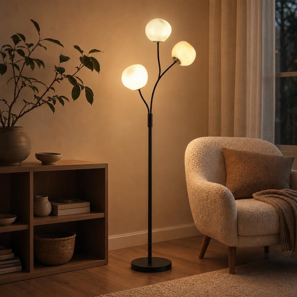 Lampadaire Mitsuba allumé près d'un fauteuil bouclé dans un salon Japandi
