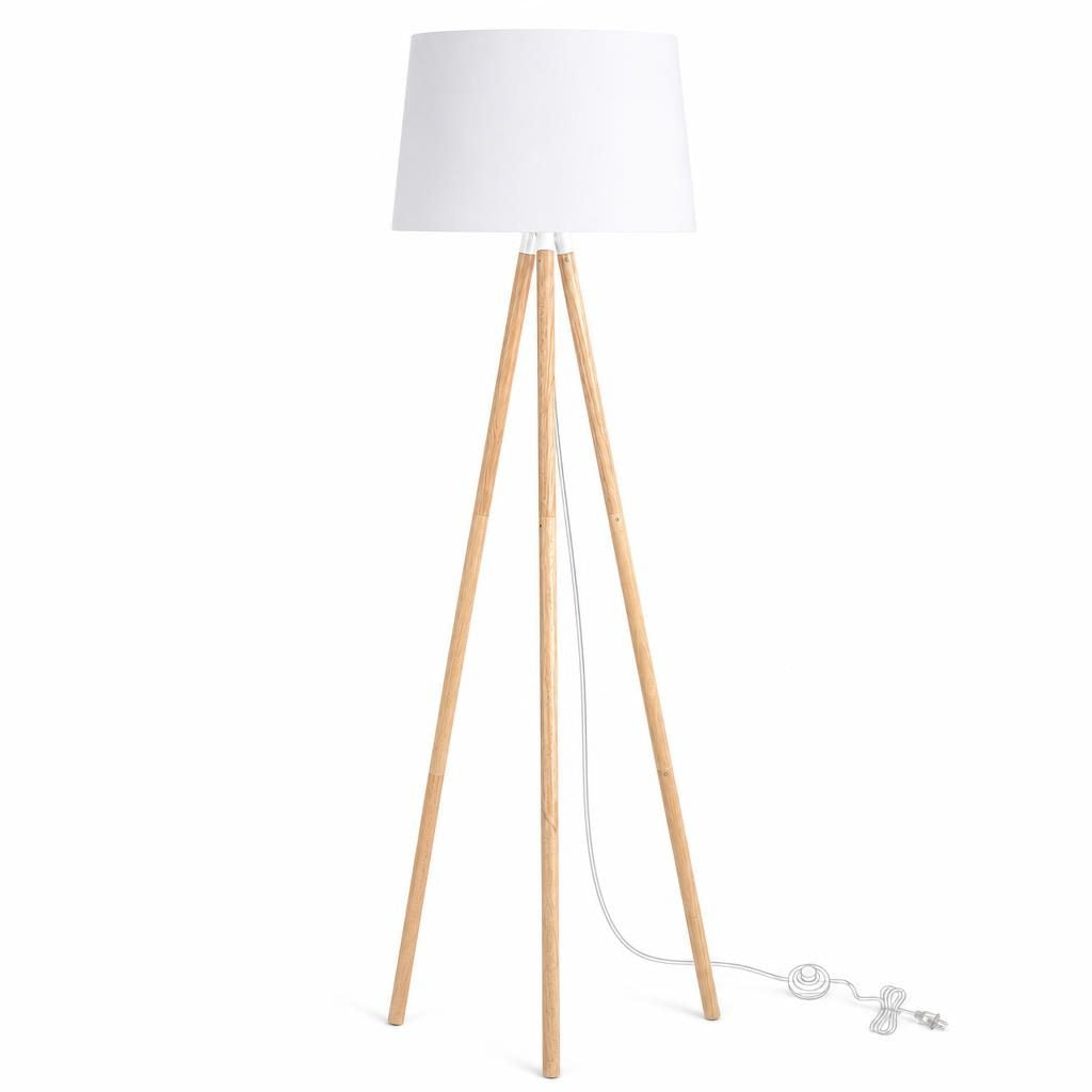 Lampadaire trépied Yagura en bois clair et abat-jour en tissu blanc, sur fond blanc