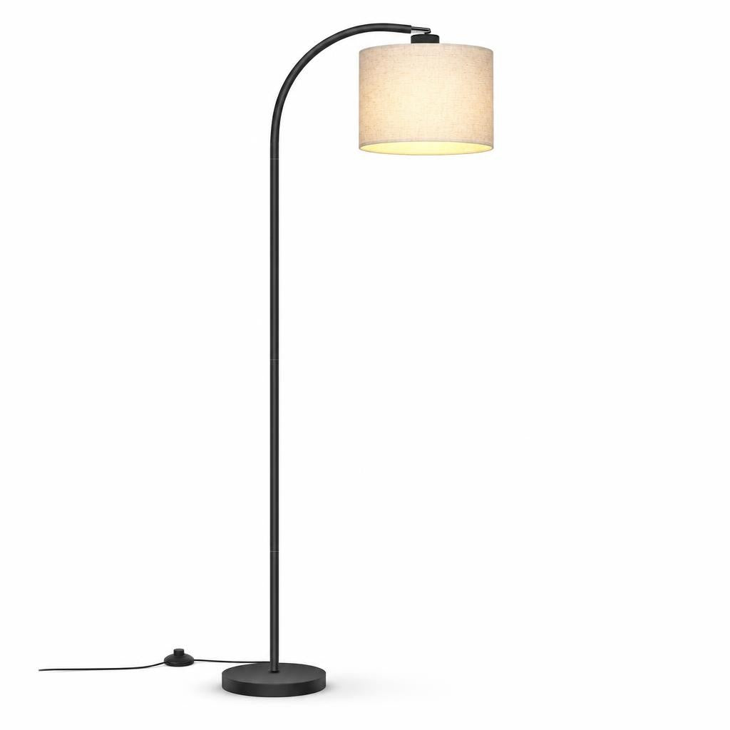 Lampadaire arc Yumi noir avec abat-jour en lin beige, sur fond blanc