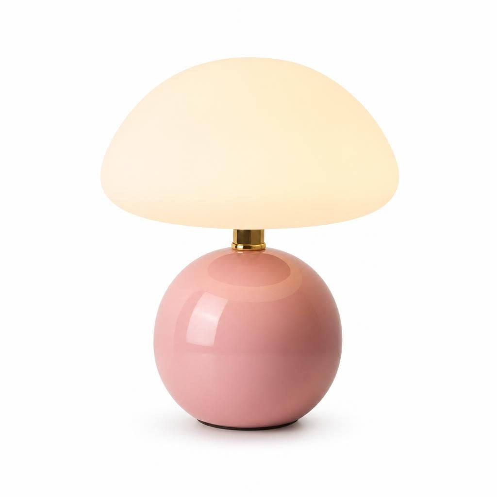 Lampe à poser Bulle, pied boule en céramique rose et dôme en verre opalin, sur fond blanc