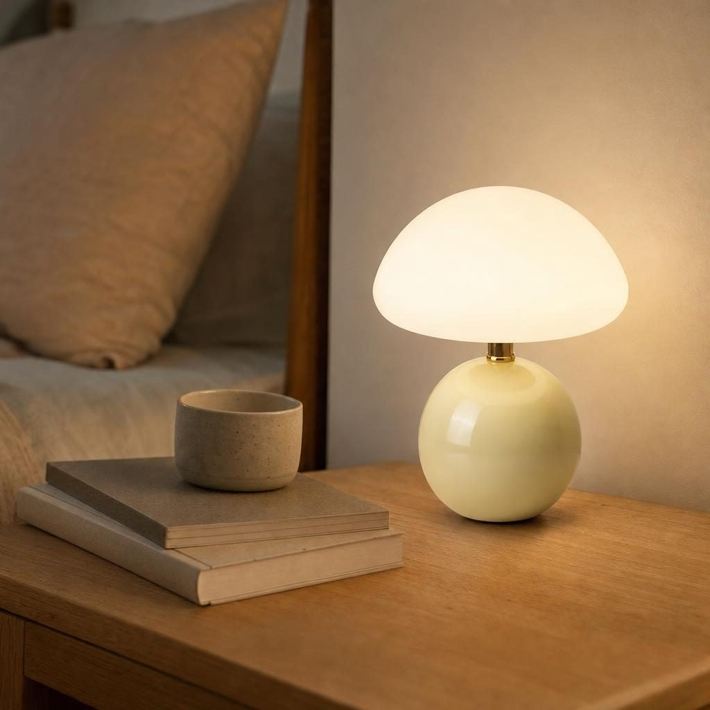 Lampe Bulle à pied crème allumée sur une table de chevet en bois