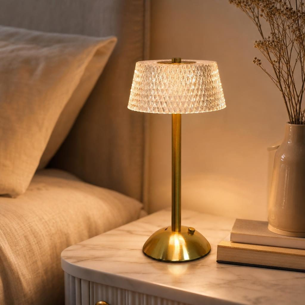 Lampe Cristalline modèle Diamant allumée sur une table de chevet en marbre