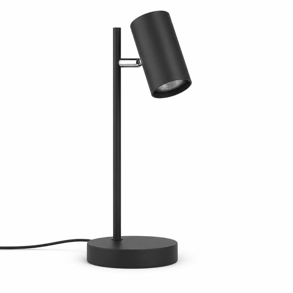 Lampe à poser Focus noire, spot cylindrique orientable sur tige fine, sur fond blanc