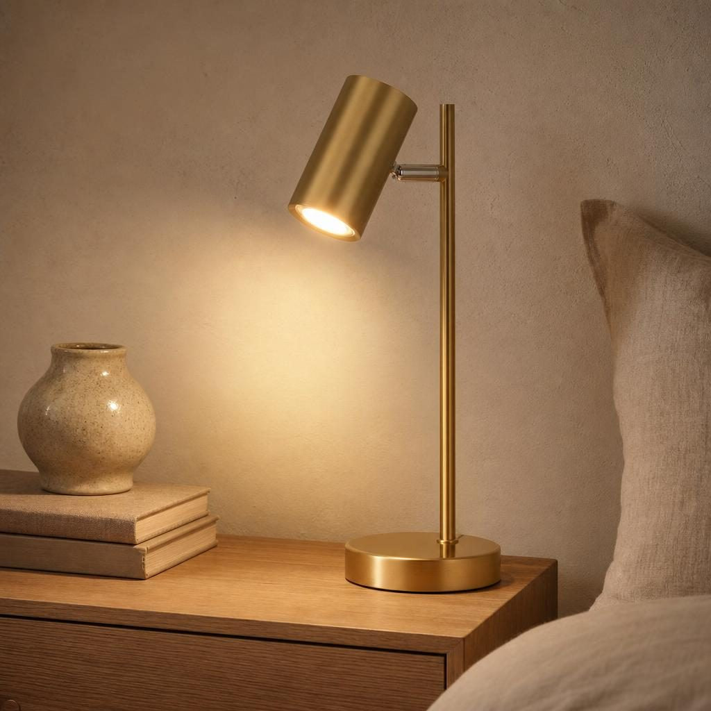 Lampe Focus dorée allumée sur une table de chevet en chêne clair