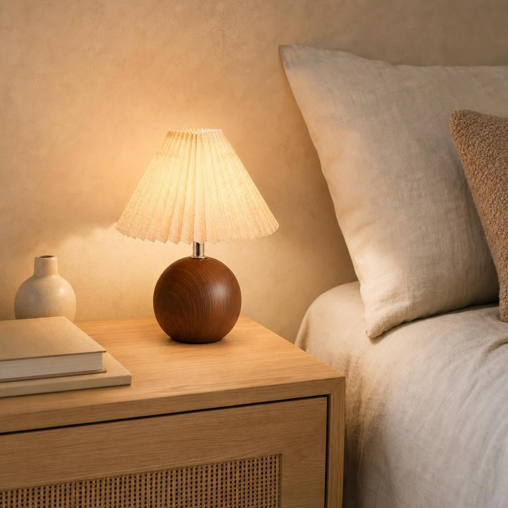 Lampe Hana allumée sur une table de chevet en chêne dans une chambre
