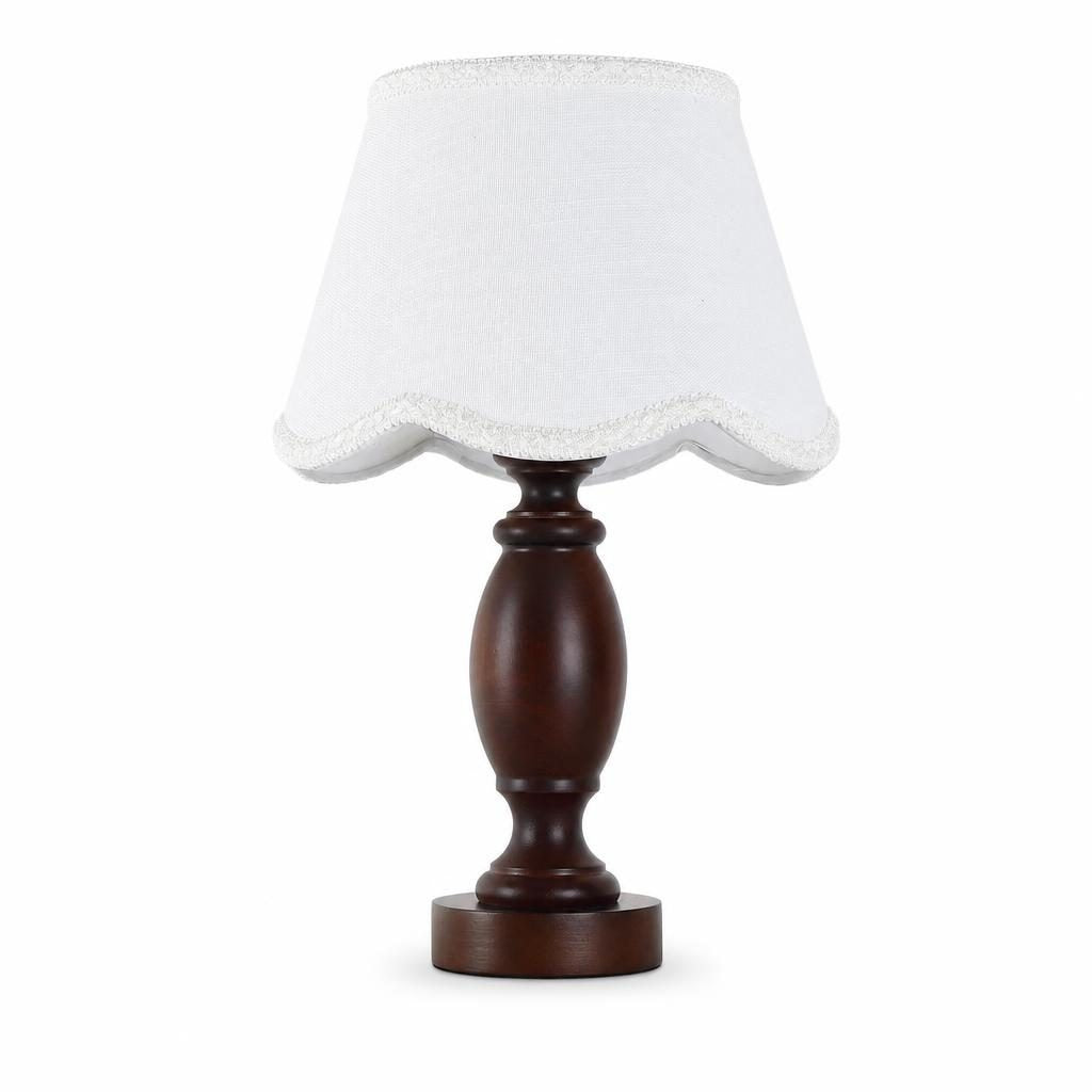 Lampe à poser Hanagasa, pied en bois tourné foncé et abat-jour blanc festonné, sur fond blanc