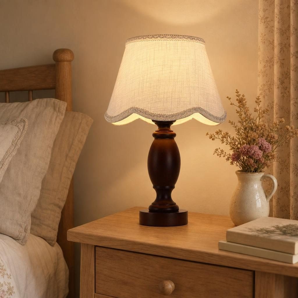Lampe Hanagasa allumée sur une table de chevet en chêne avec un bouquet séché