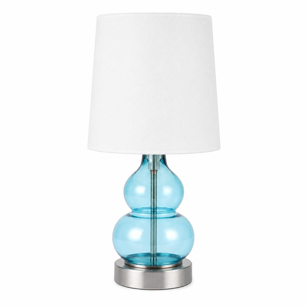 Lampe à poser Hyōtan, pied en verre bleu double gourde et abat-jour blanc, sur fond blanc