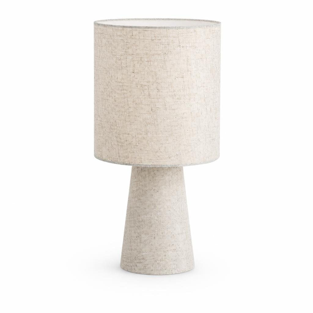 Lampe à poser Kinari en tissu aspect lin naturel, pied conique et abat-jour cylindrique, sur fond blanc