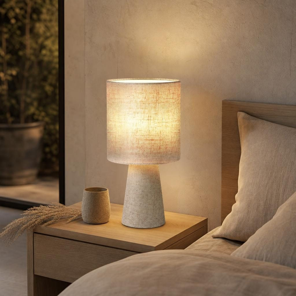 Lampe Kinari allumée sur une table de chevet dans une chambre Japandi