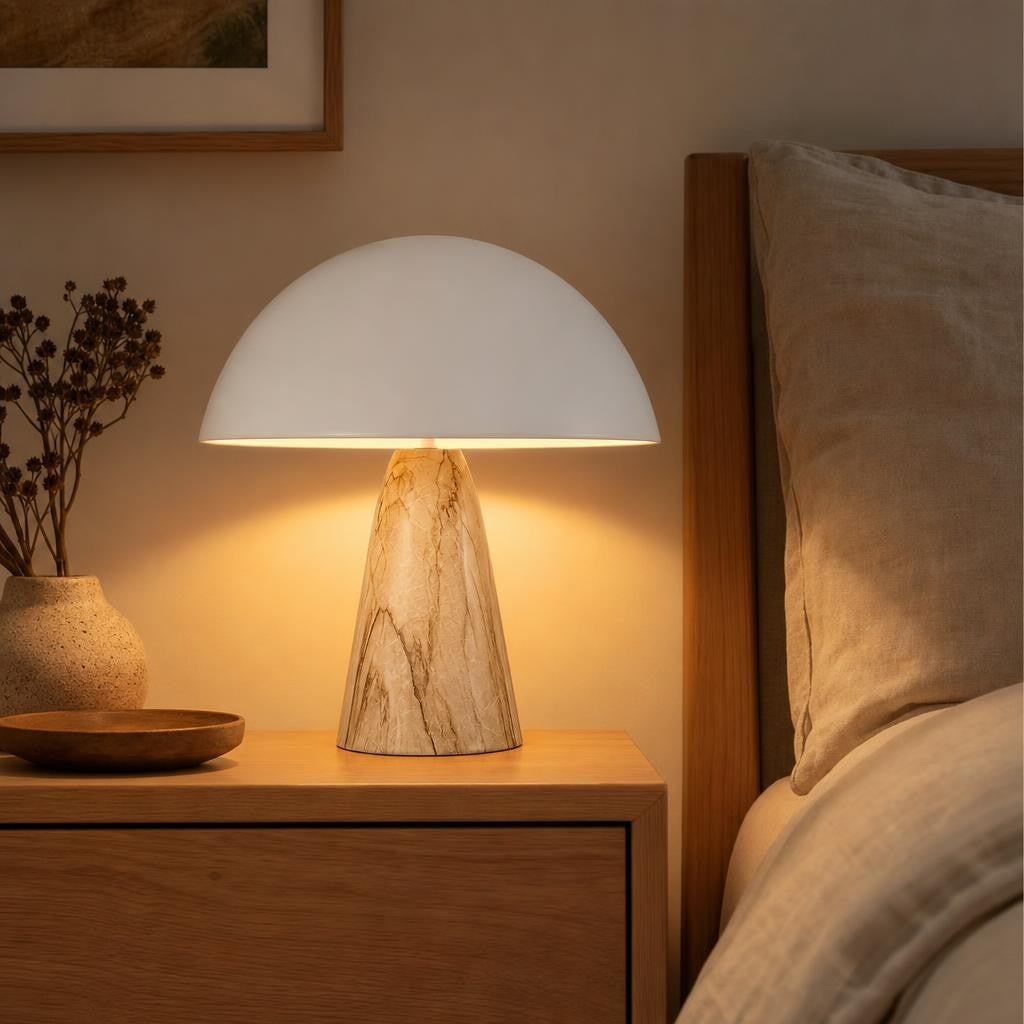 Lampe Kinoko marbre clair allumée sur une table de chevet en chêne