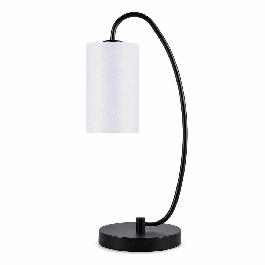 Lampe à poser Magari, bras incurvé en métal noir et abat-jour cylindrique blanc, sur fond blanc