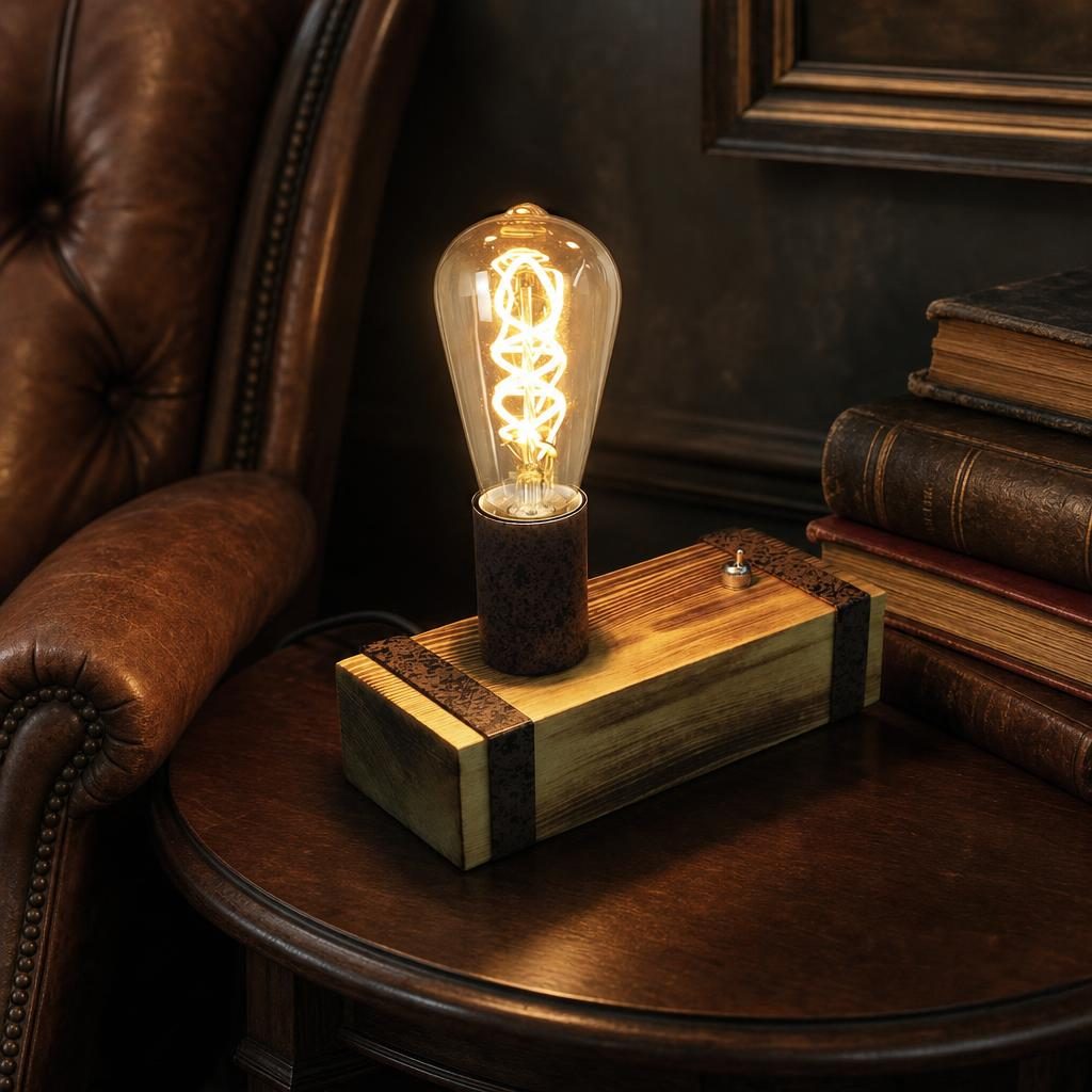 Lampe Makigi allumée sur une table d'appoint à côté de livres anciens