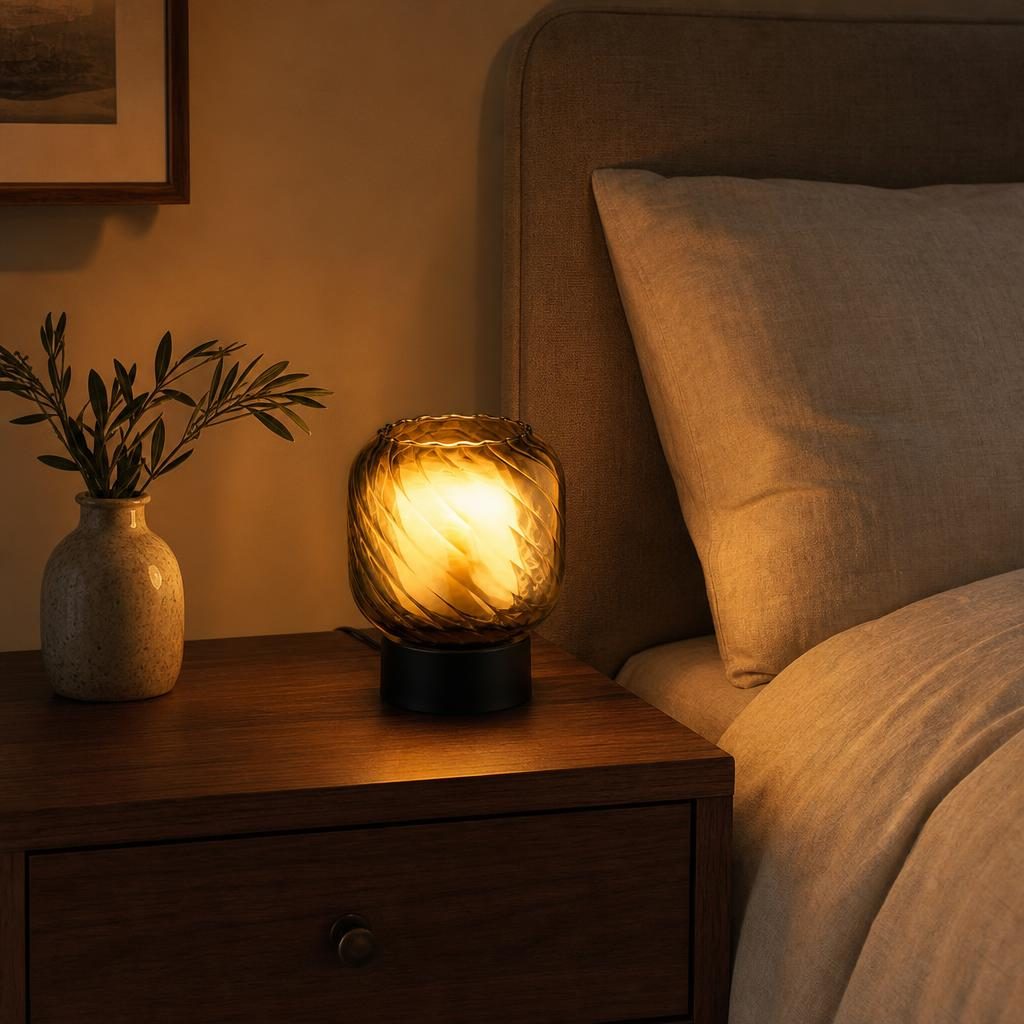 Lampe Oboro allumée sur une table de chevet en noyer, lueur ambrée